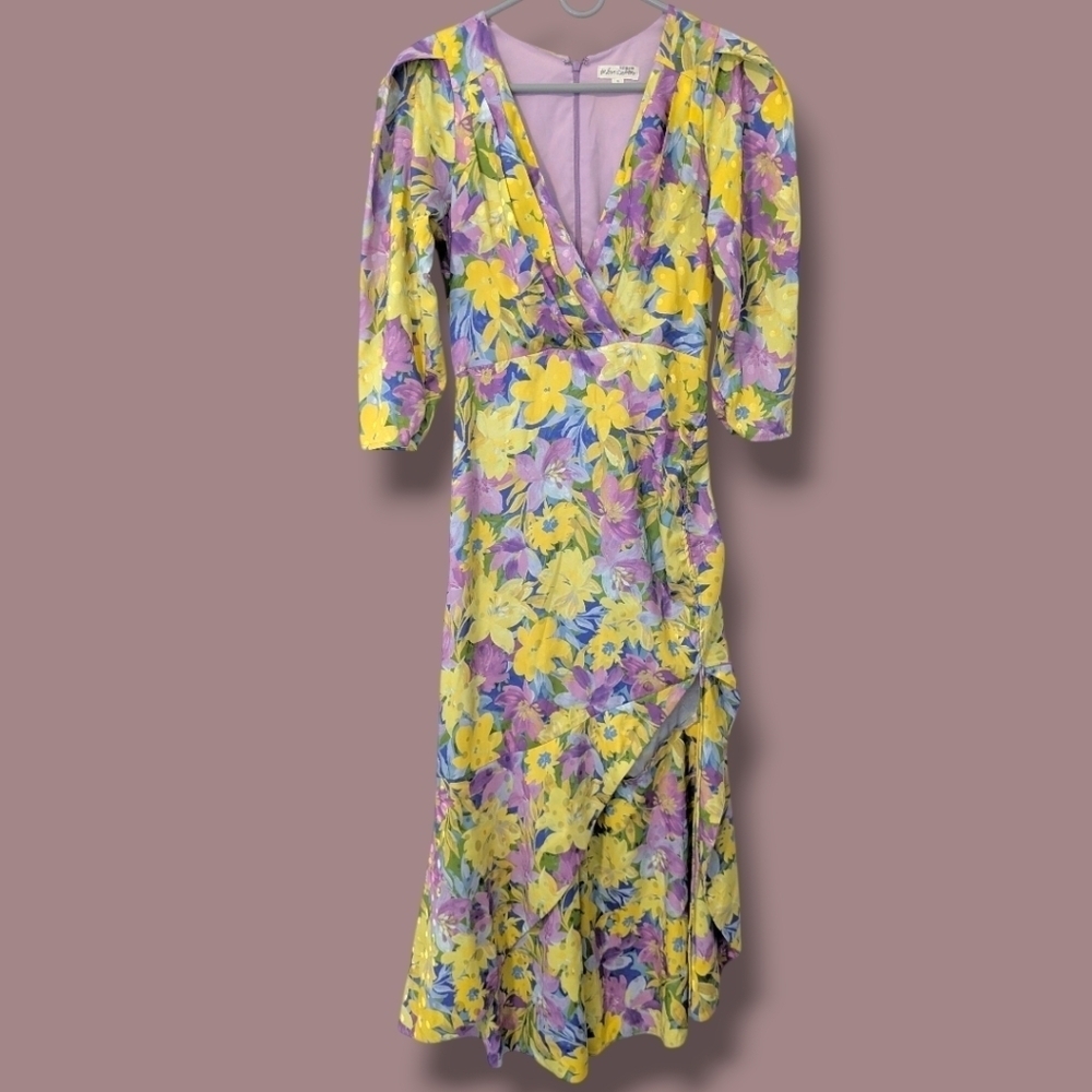 For Love & Lemons Yellow Purple Floral V-Neck High Slit Fitted Cassia Midi Dress